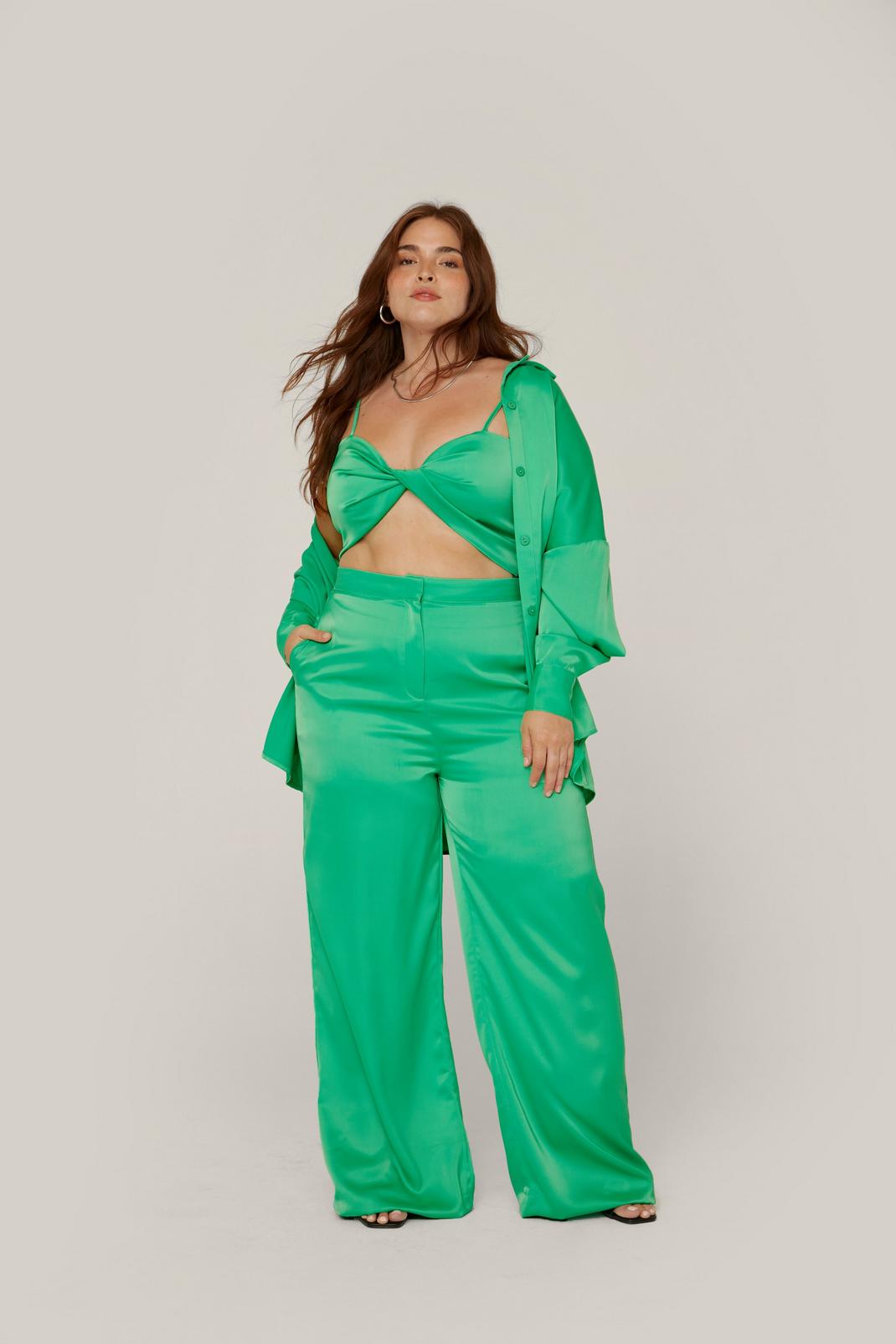 Green Plus Size Satin Wide Leg Tailored Pants image number 1