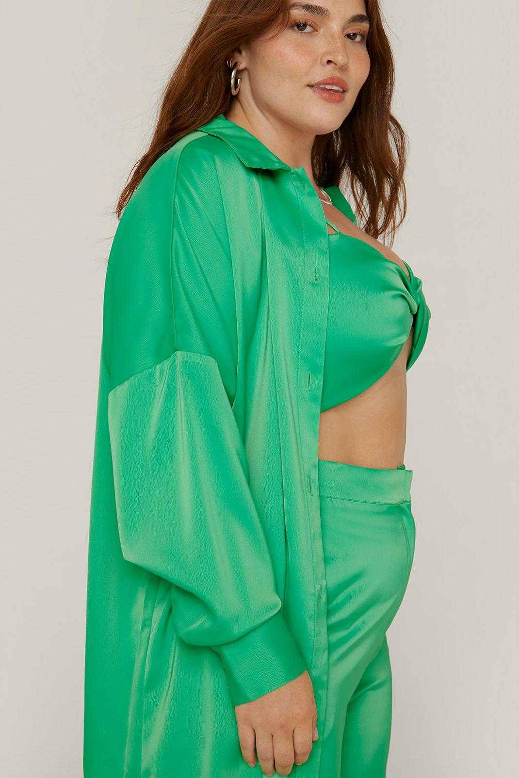 Green Plus Size Satin Oversized Button Down Shirt image number 1