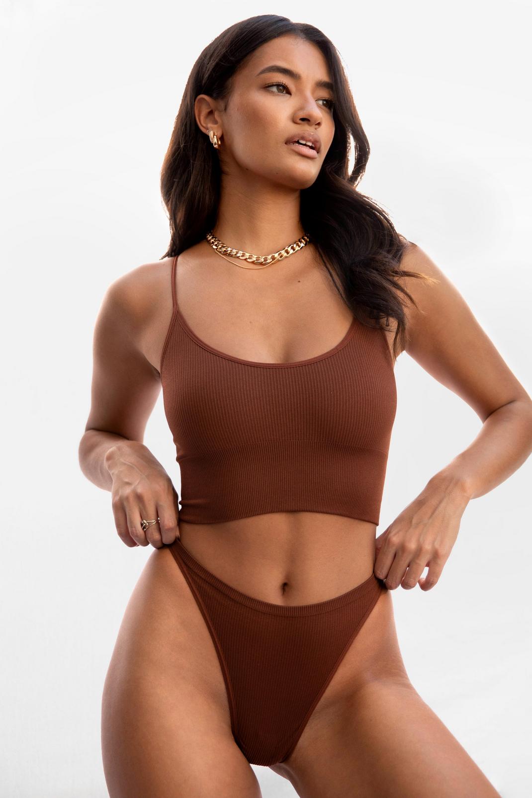 Brown Recycled Seamless Ribbed Longline Bralette image number 1