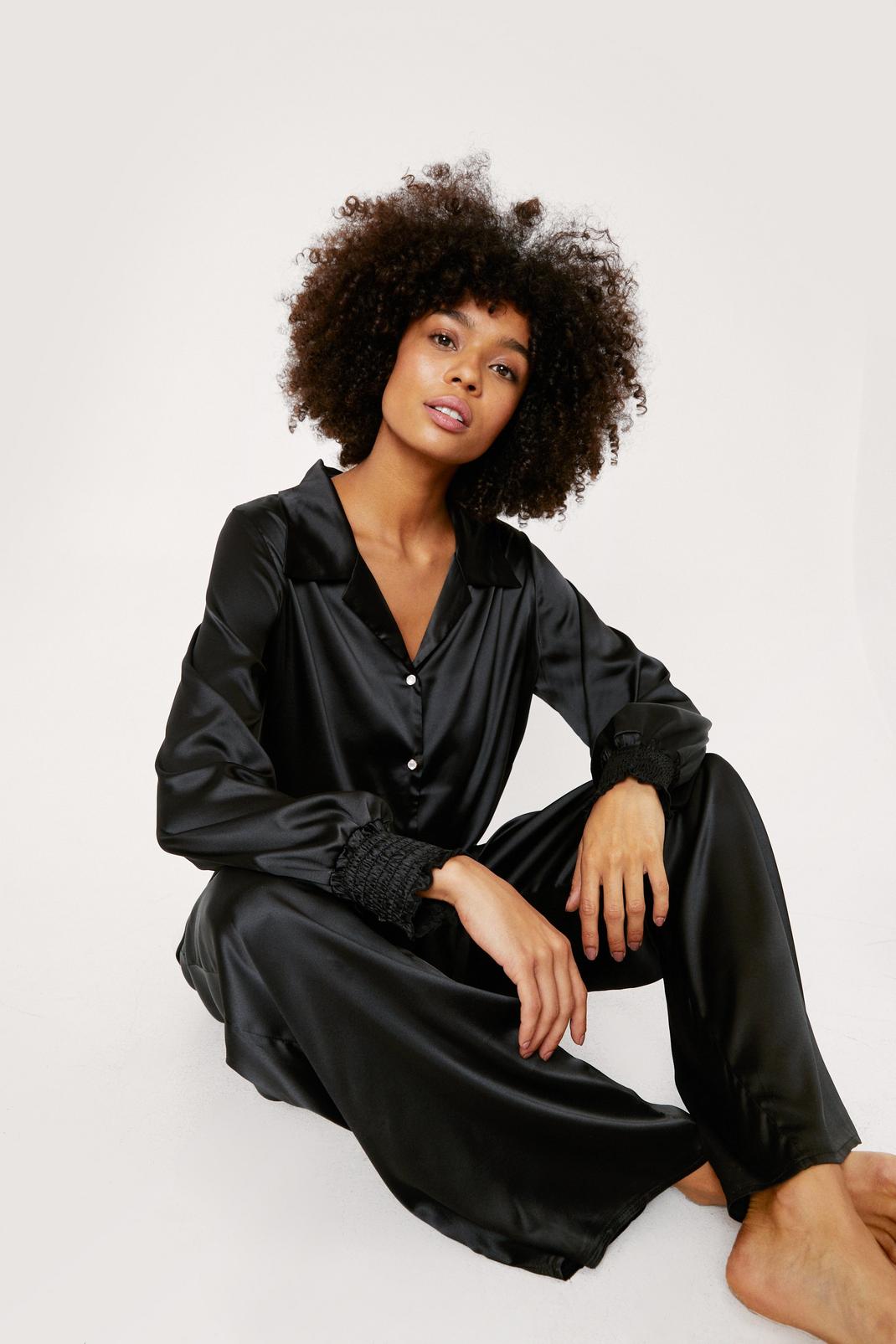 Black Satin Shirred Cuff and Waistband Pajama Set image number 1