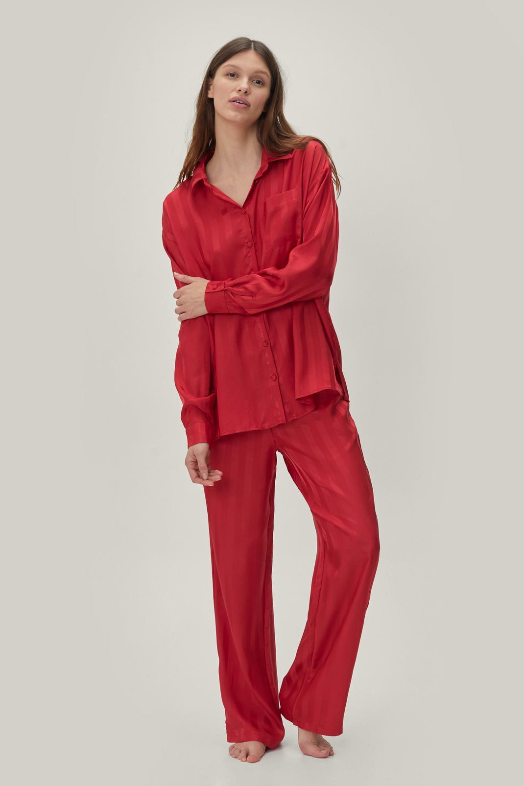 Red Premium Jacquard Stripe Oversized Pants Set image number 1