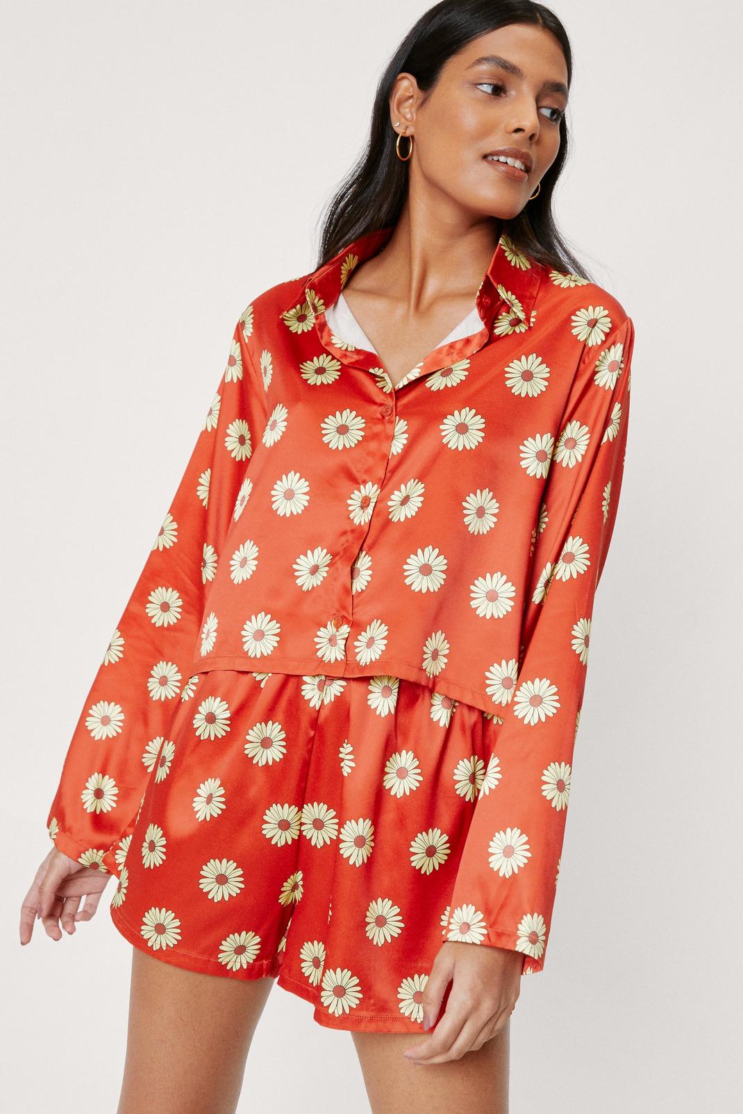 Burnt orange Floral Print Satin Pajama Shorts Set image number 1