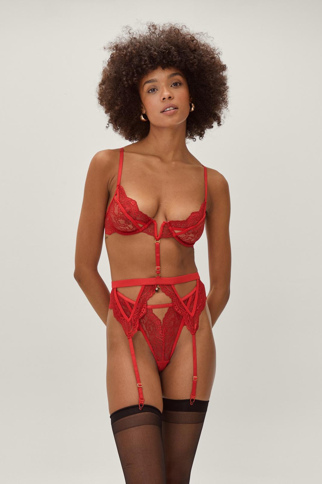 Red Lace Suspender and Underwired Bra 3pc Lingerie Set image number 1