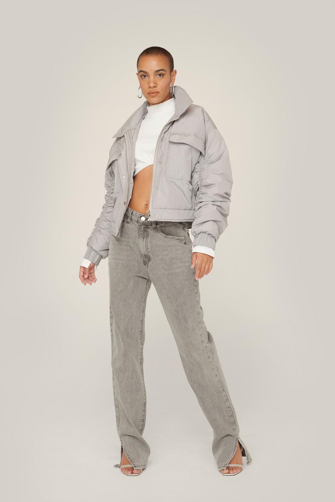 131 Grey Padded Pocket Ruched Sleeve Jacket image number 2
