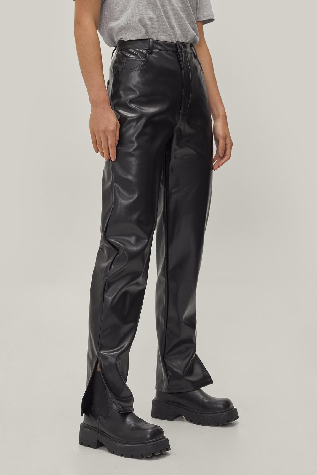 Black Faux Leather Split Hem Straight Leg Pants image number 1
