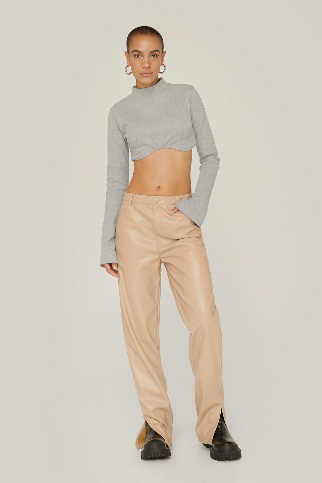 Pantalon en similicuir à poches & fentes, Camel image number 1