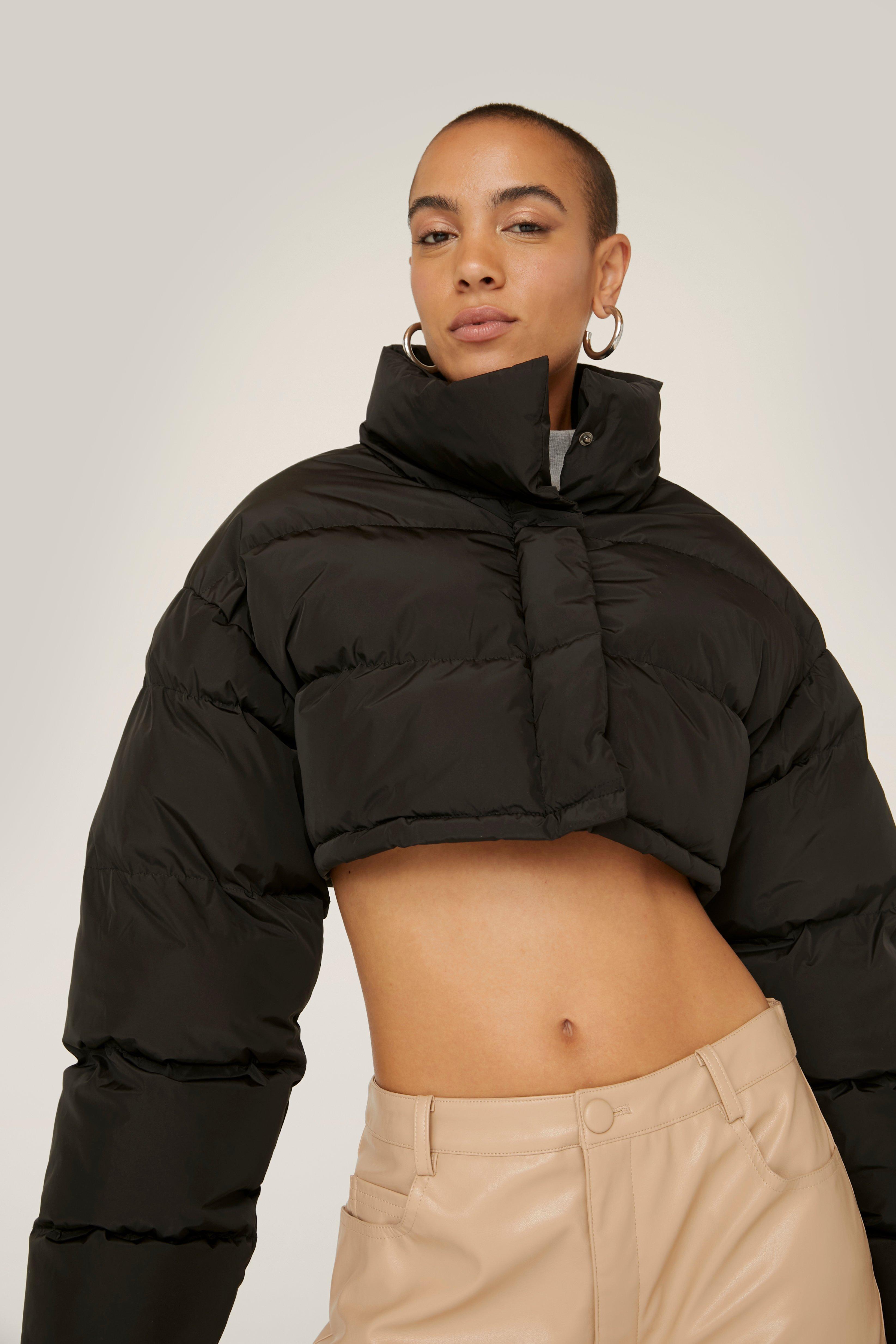 Black cropped puffer jacket with faux fur hood on sale