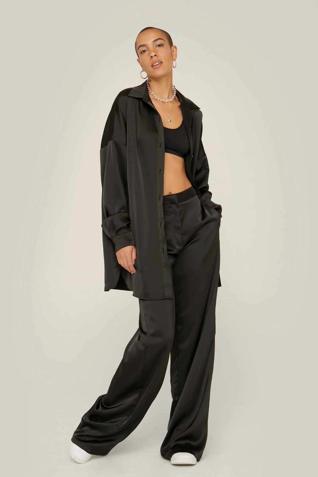 Black Satin Oversized Long Sleeve Button Down Shirt image number 1