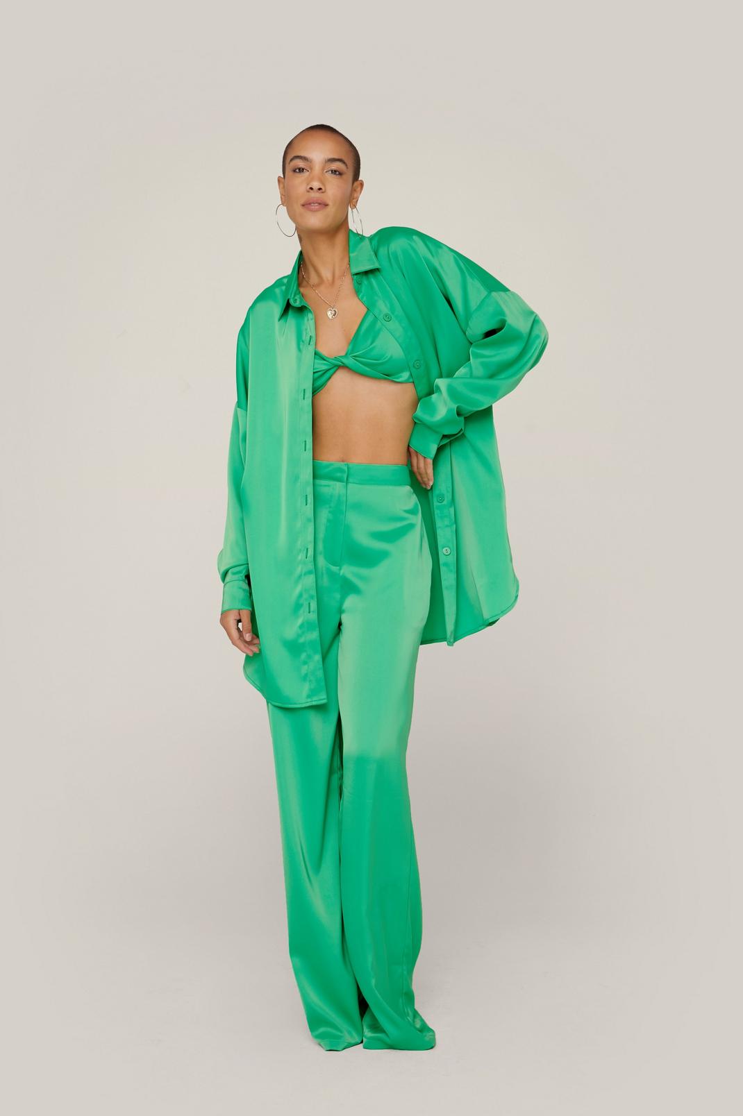 Green Satin Oversized Long Sleeve Button Down Shirt image number 1