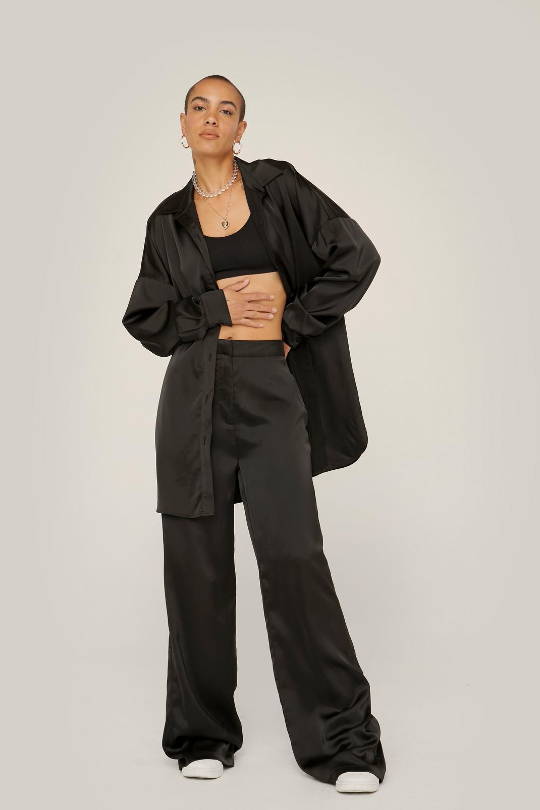 Black Satin Wide Leg Mid Rise Tailored Trousers image number 1
