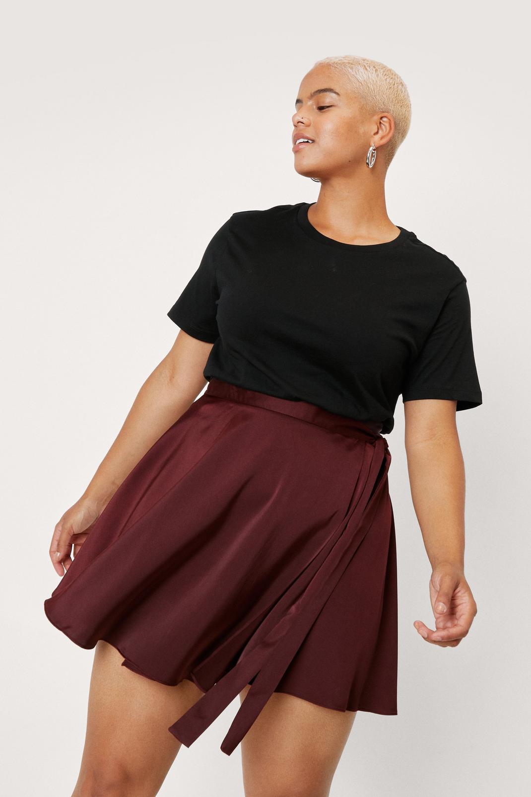 Burgundy Plus Size Satin Wrap Around Mini Skirt image number 1