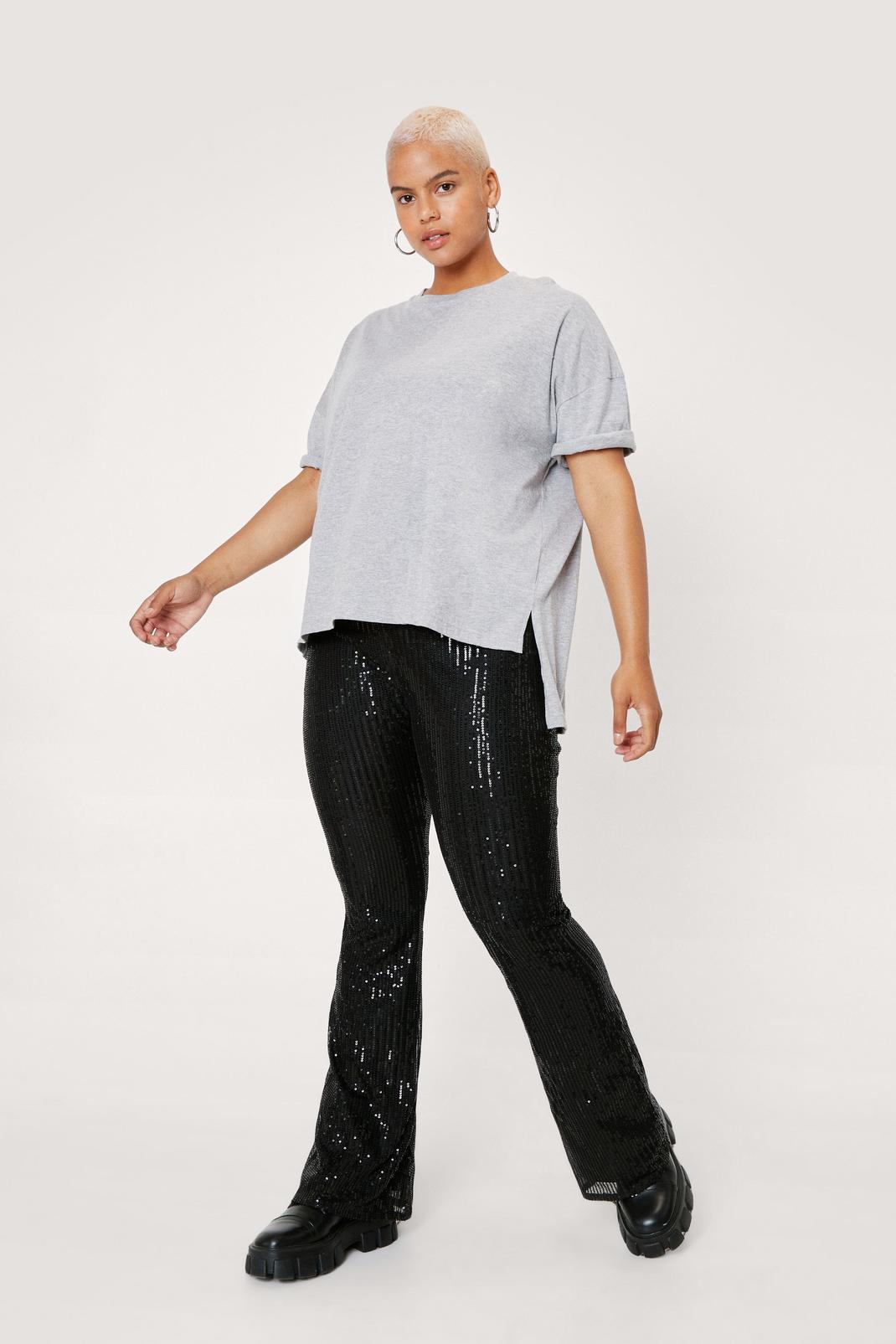 Black Plus Size High Waisted Sequin Flare Pants image number 1