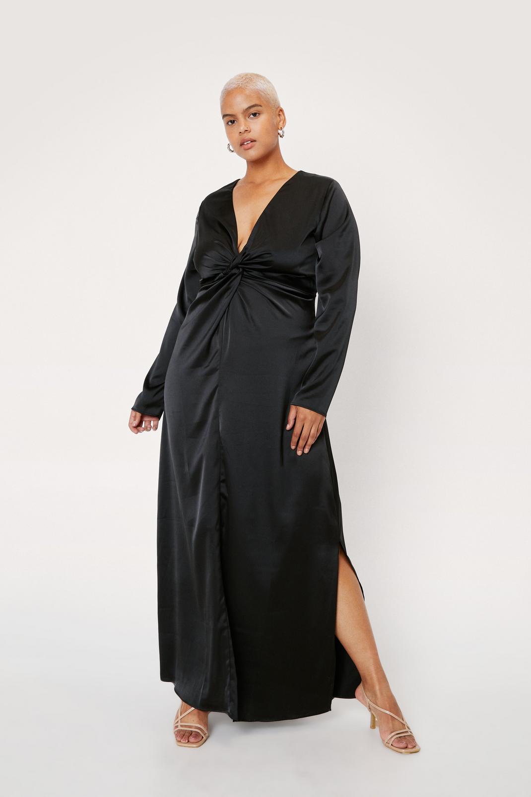 Black Plus Size Twist Front Satin Maxi Dress image number 1