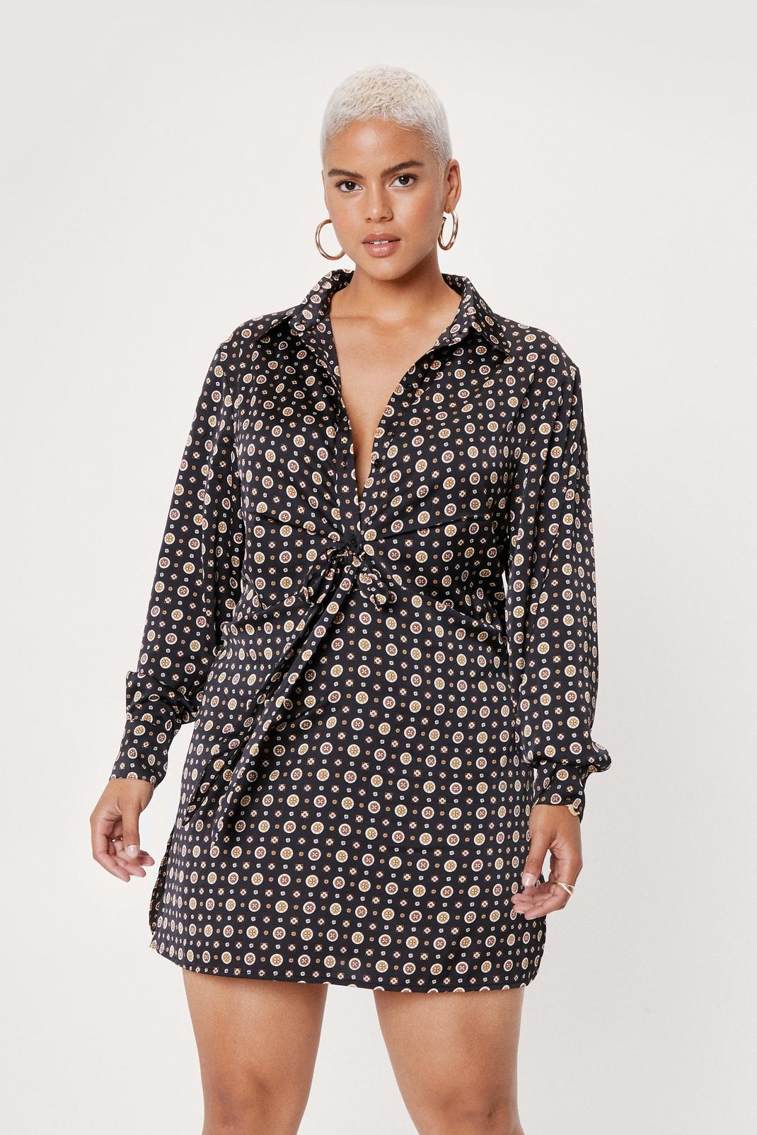 105 Plus Size Chain Print Tie Front Shirt Dress image number 2