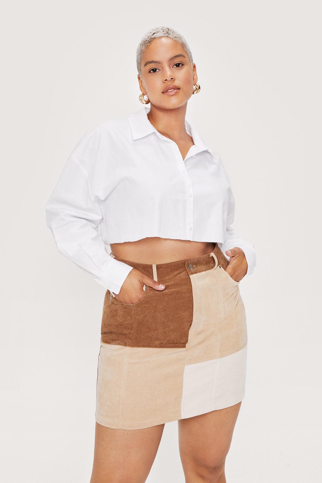 Grande Taille - Mini jupe color block en velours côtelé, Brown image number 1