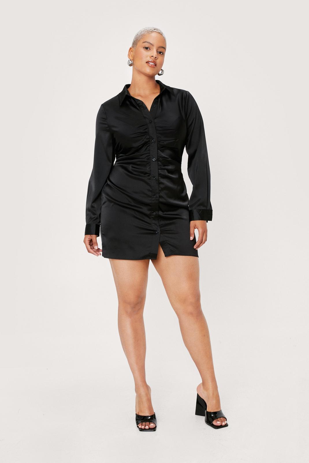 Black Plus Size Satin Ruched Mini Shirt Dress image number 1