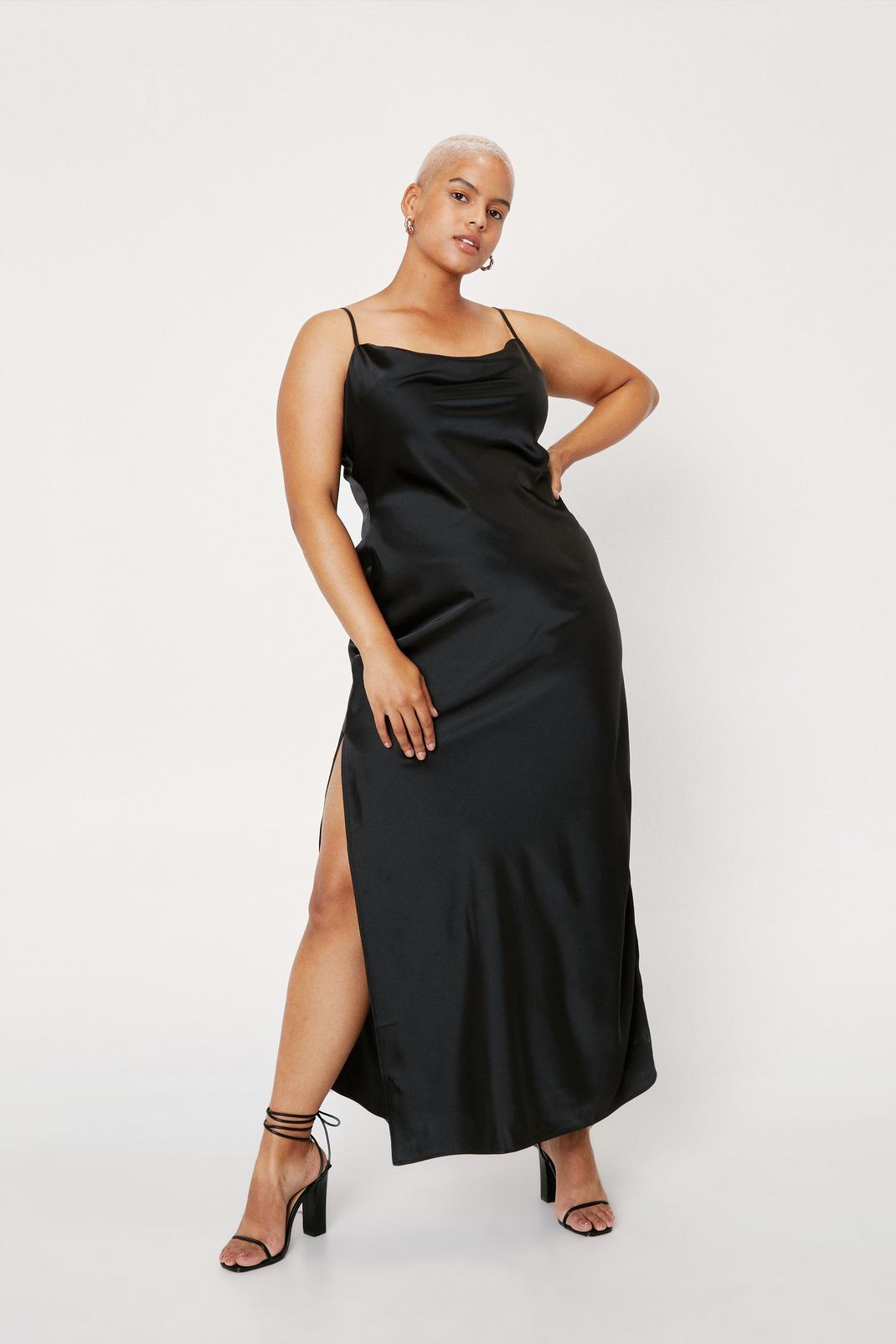 Black Plus Size Satin Cowl Maxi Dress image number 1