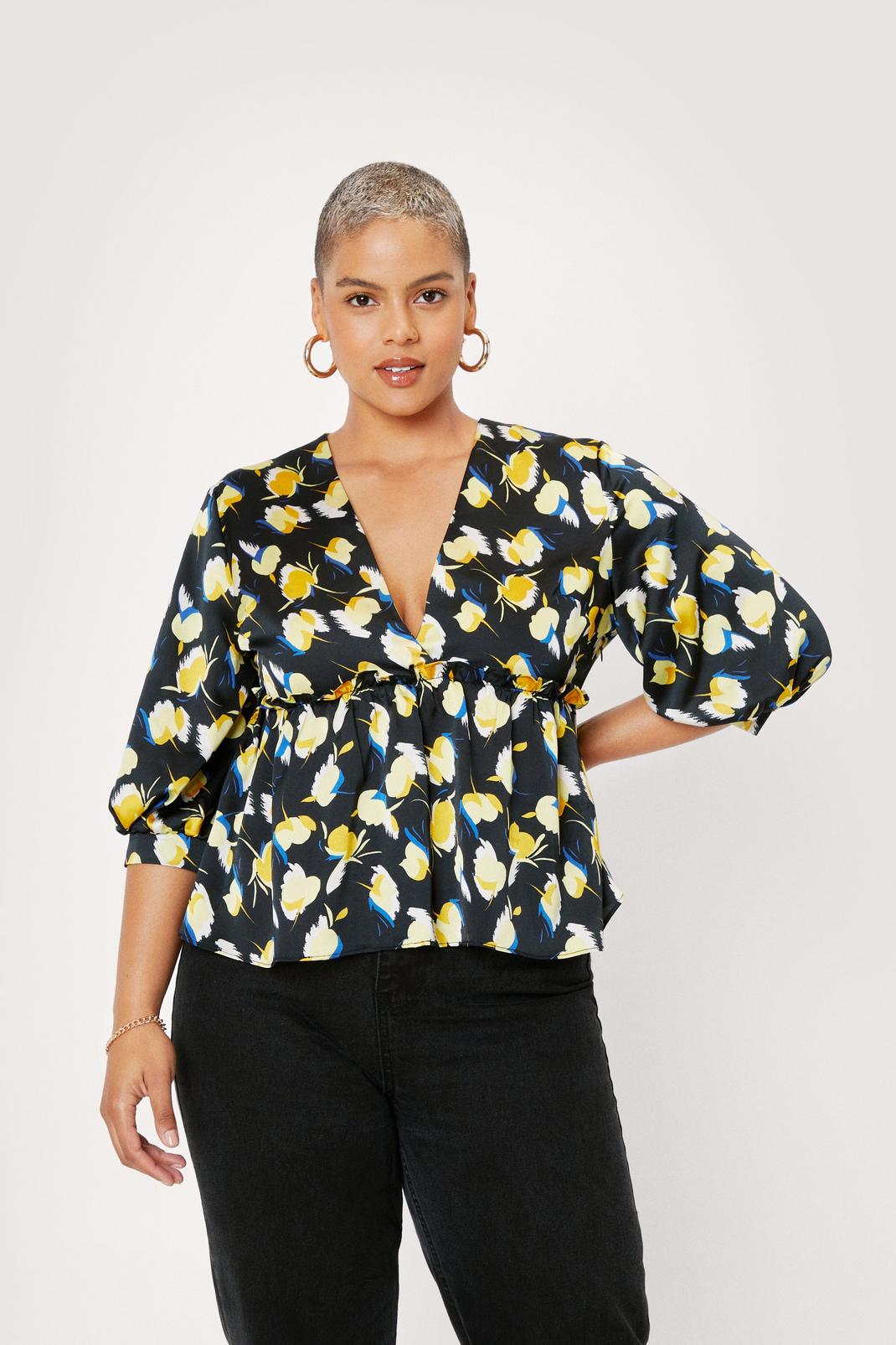 Black Plus Size Yellow Floral Peplum Top image number 1