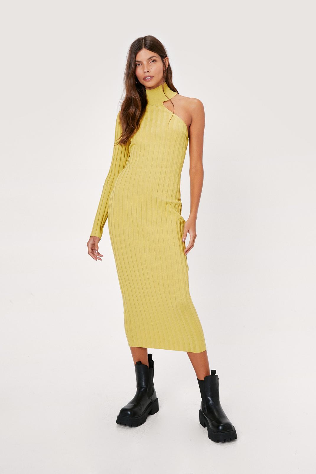 Chartreuse One Shoulder Wide Ribbed Knitted Midi Dress image number 1