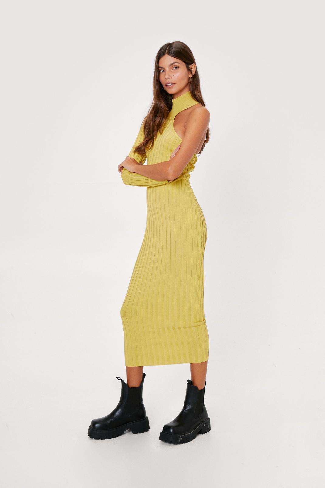 394 One Shoulder Wide Ribbed Knitted Midi Dress image number 2