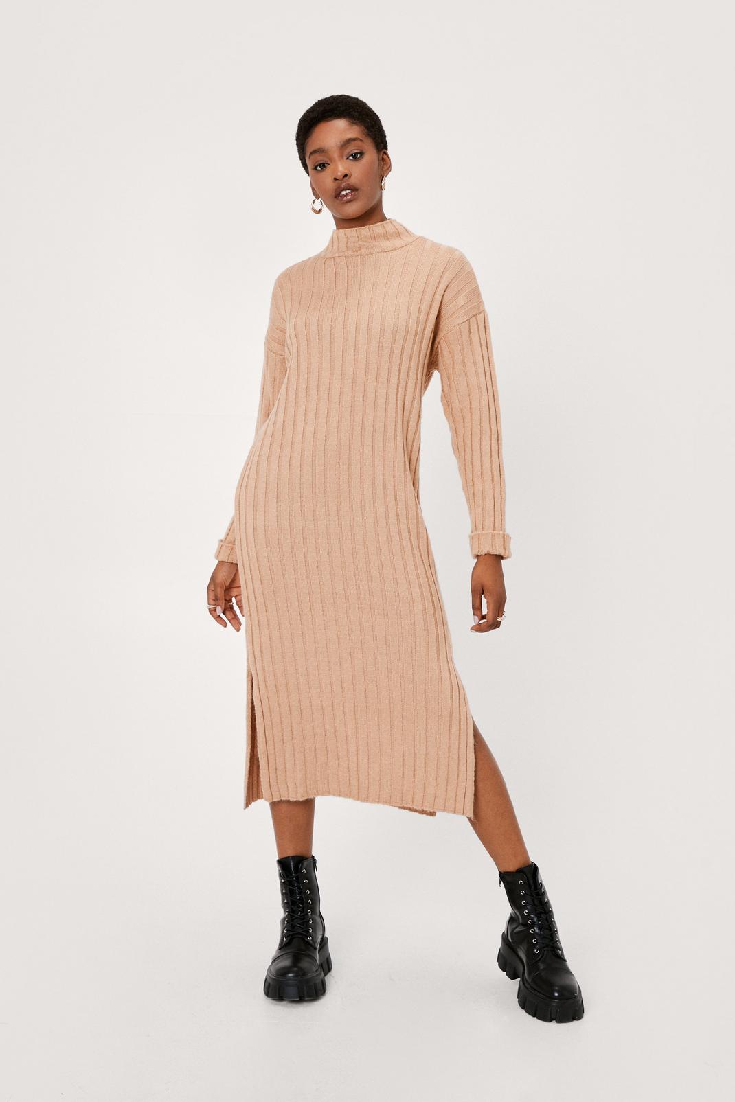 Camel Wide Ribbed Turn Cuff Midi Sweater Dress image number 1
