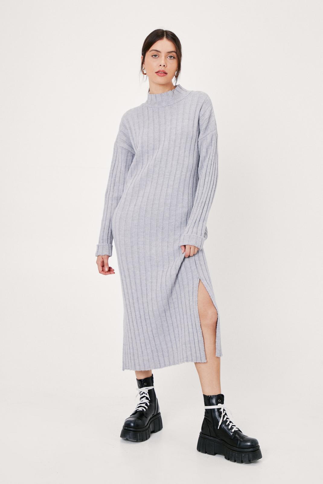 Grey Wide Ribbed Turn Cuff Midi Sweater Dress image number 1
