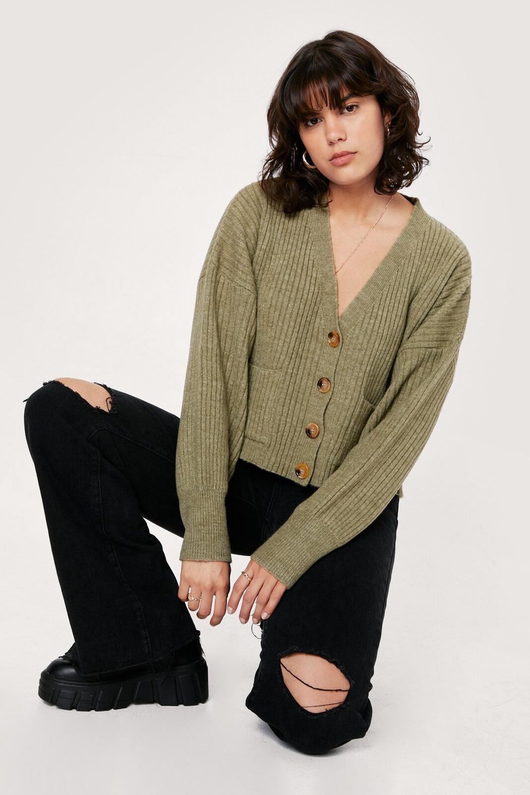 Green Balloon Sleeve Button Front Pocket Cardigan image number 1
