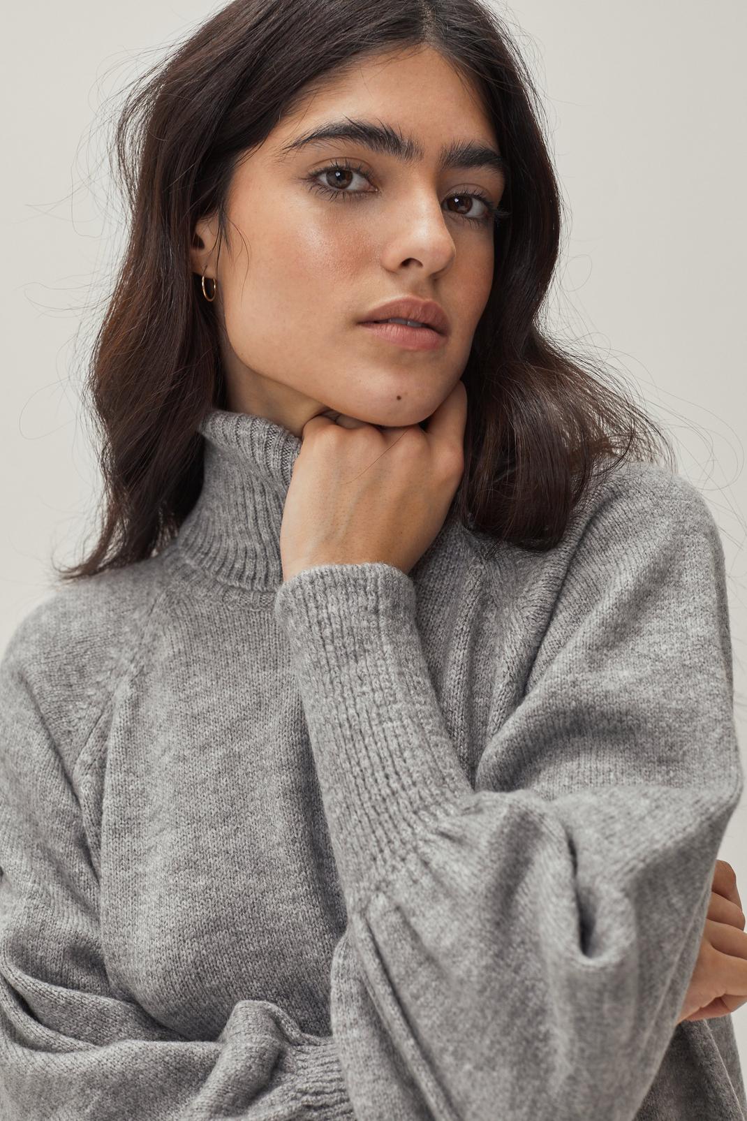 Grey Puff Sleeve Roll Neck Sweater Dress image number 1