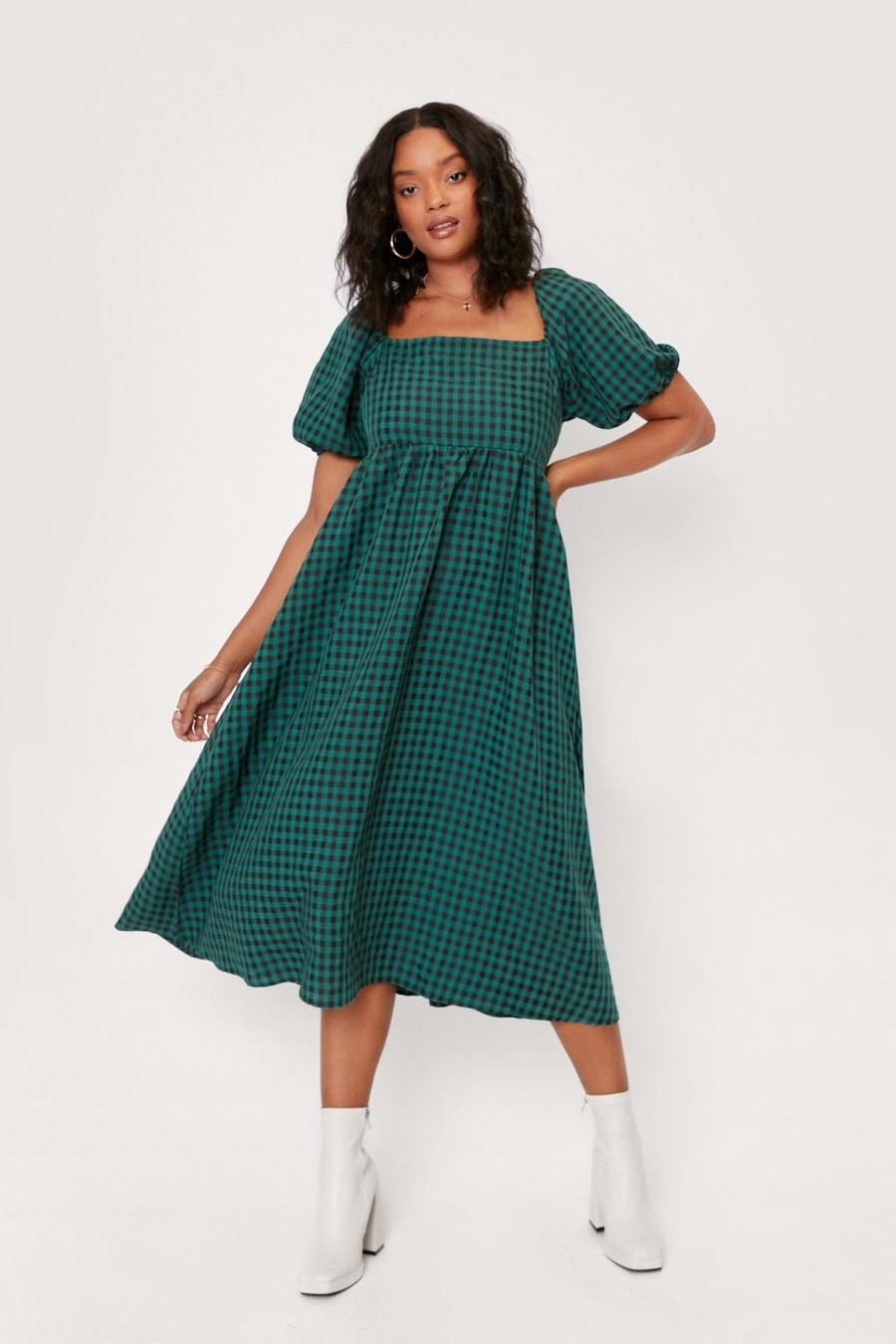 Plus Size Green Check Smock Midi Dress