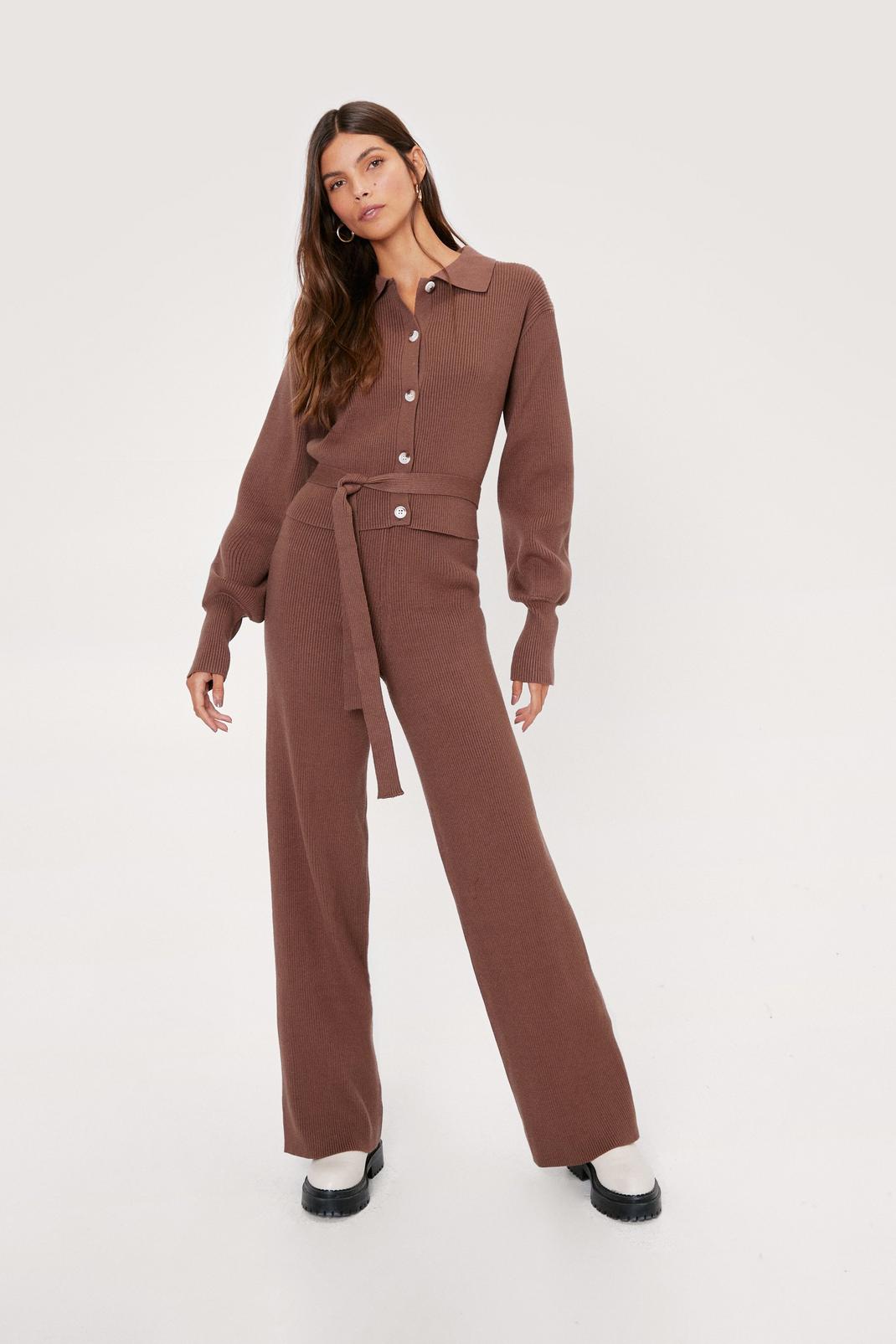Chocolate Ribbed Knitted Belted Cardigan and Pants Set image number 1