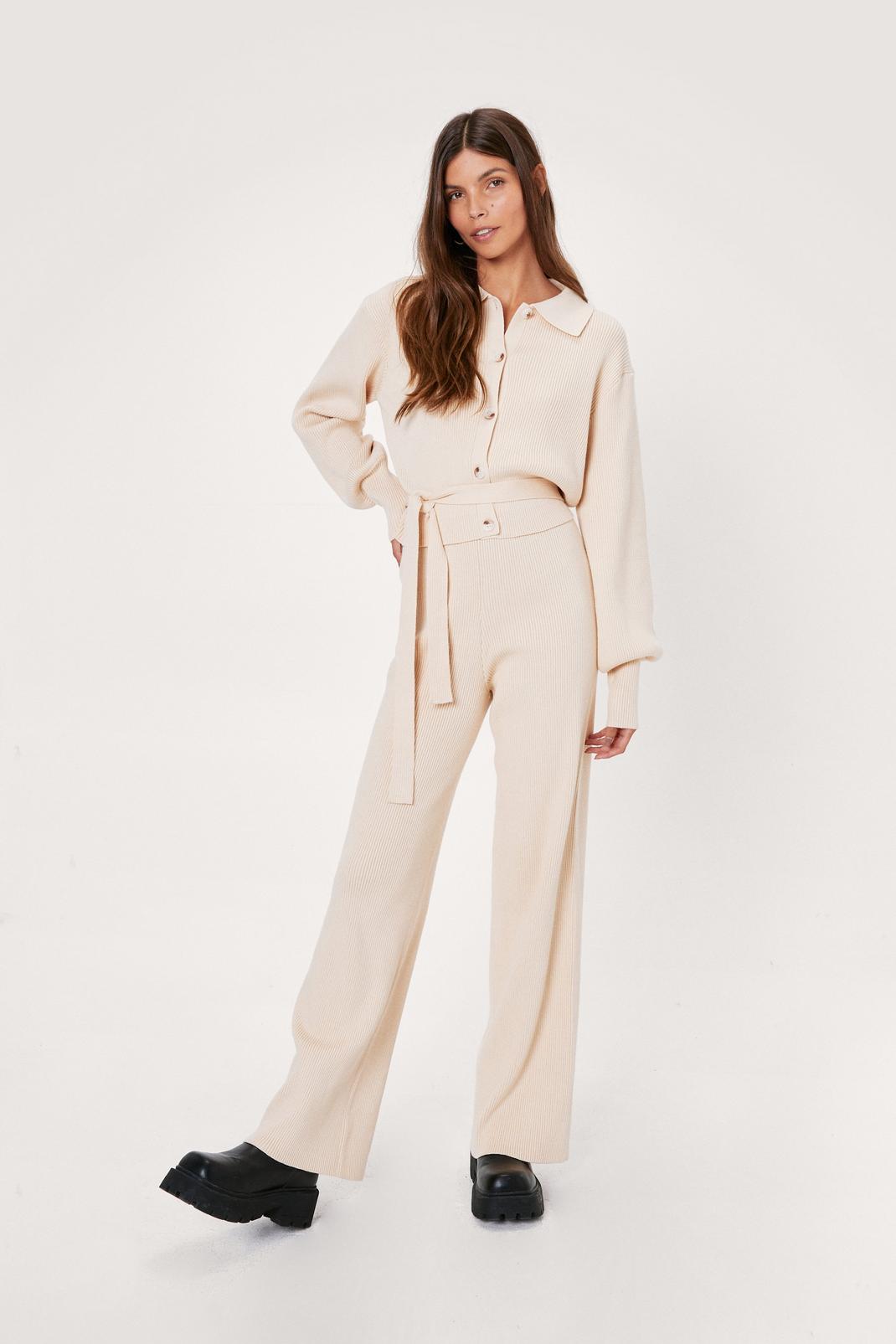 Oatmeal Ribbed Knitted Belted Cardigan And Pants Set image number 1
