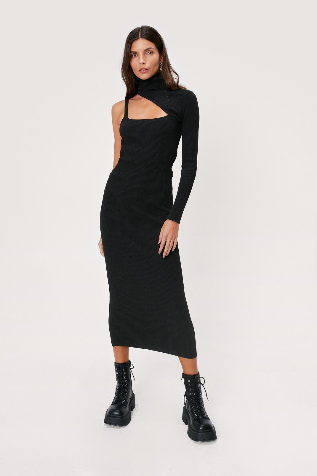 Black 2 In 1 One Shoulder Knitted Midi Dress image number 1