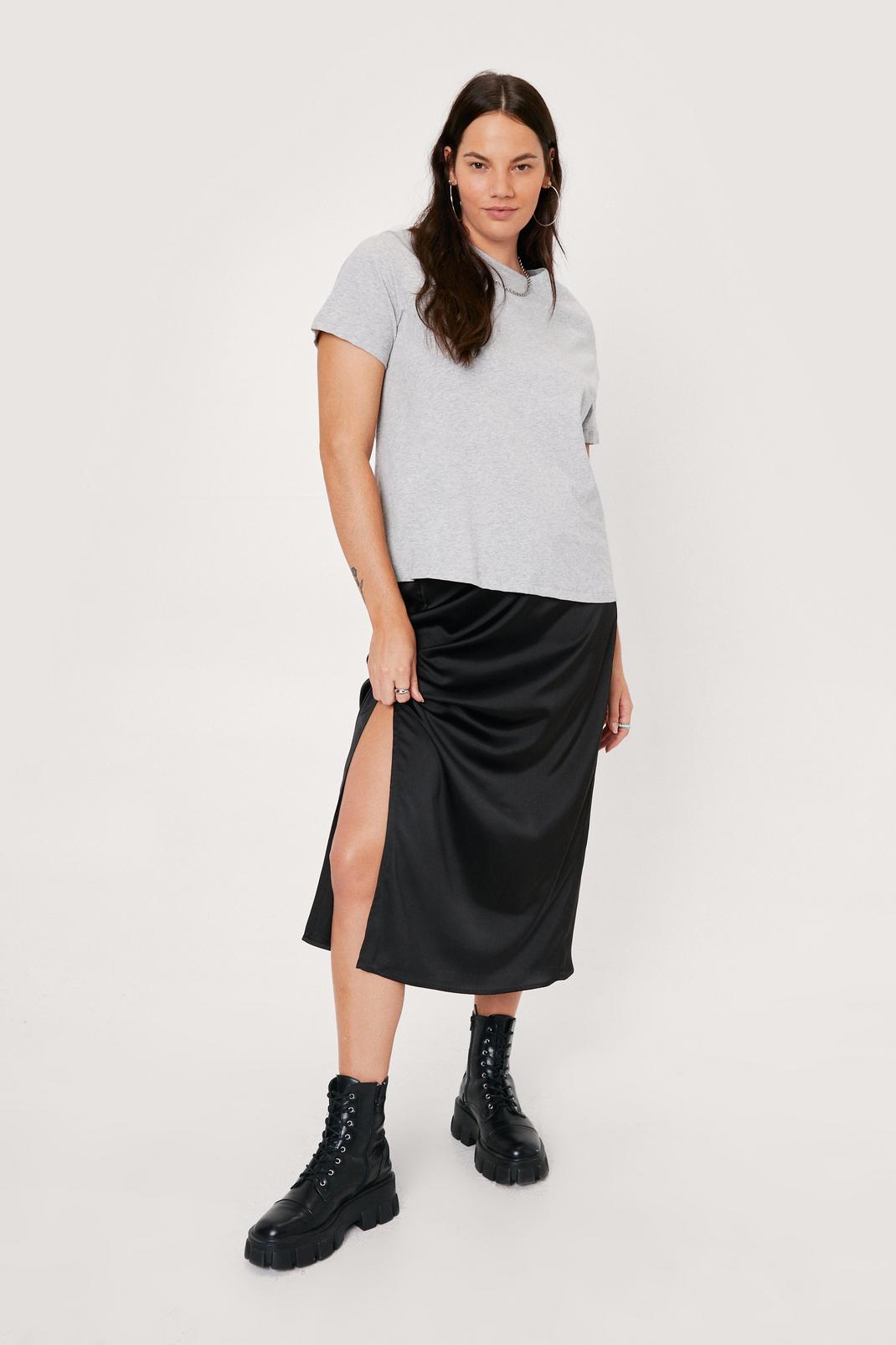 Black Plus Size Split Front Satin Midi Skirt image number 1