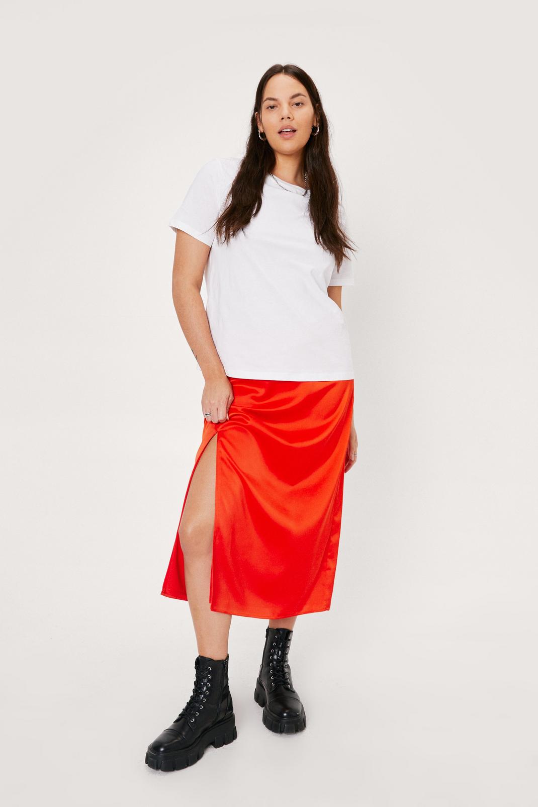 Orange Plus Size Split Front Satin Midi Skirt image number 1