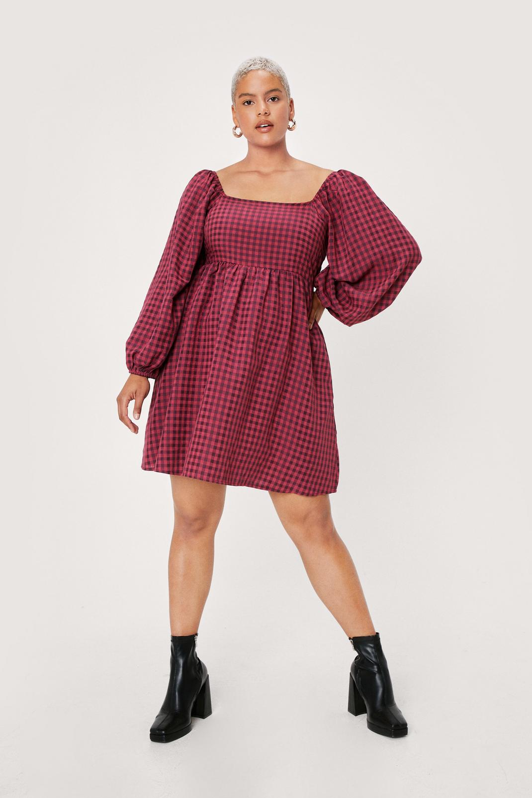 Burgundy Plus Size Long Sleeve Check Mini Smock Dress image number 1
