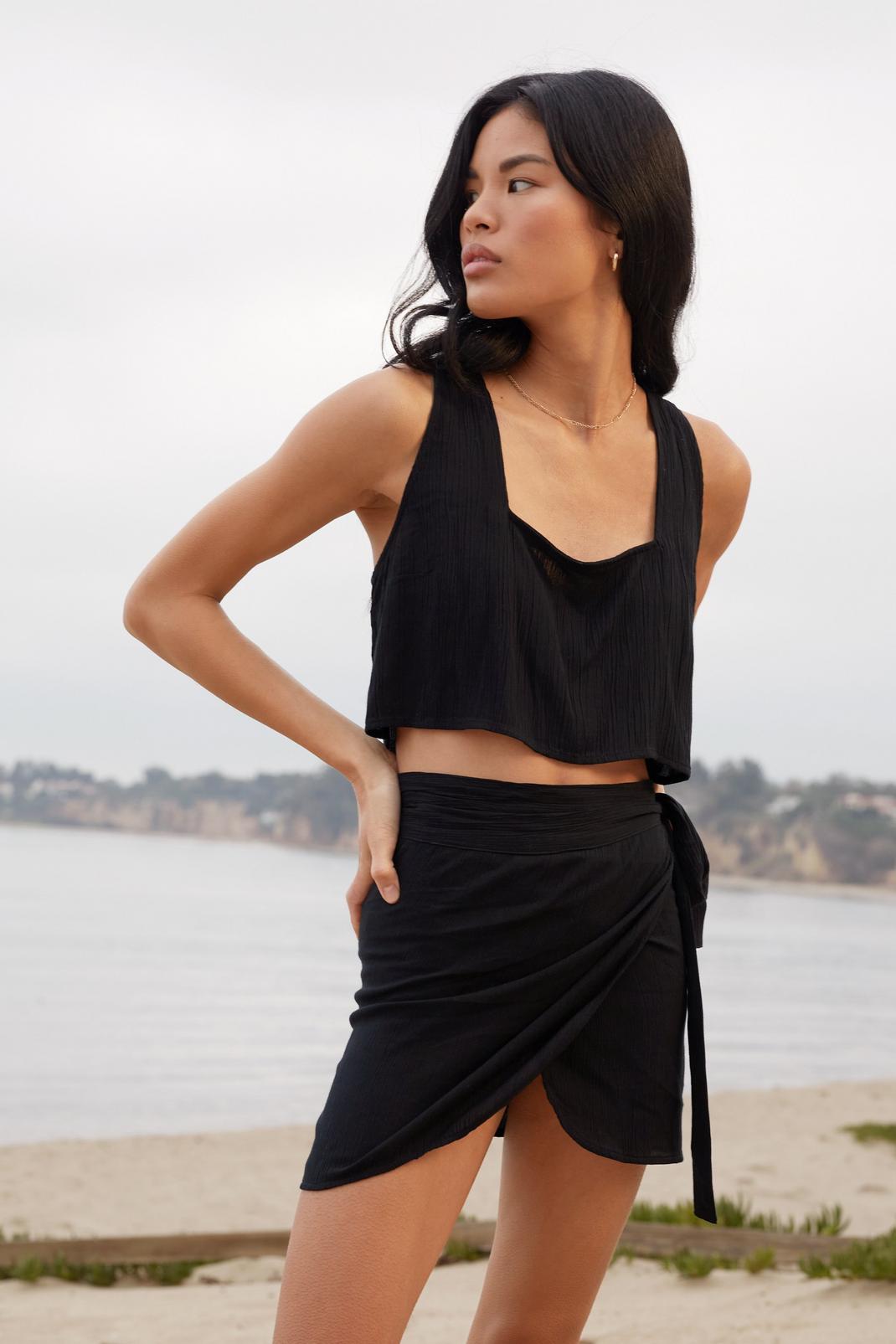 Black Crinkle Crop Top and Sarong Cover-Up Set image number 1