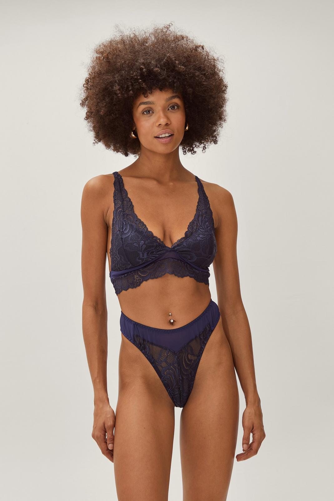 Navy Lace High Apex Soft Bra and Thong Lingerie Set image number 1