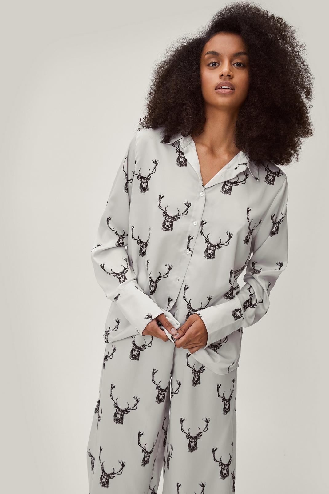Cream Satin Deer Print Pajama Pant Set image number 1