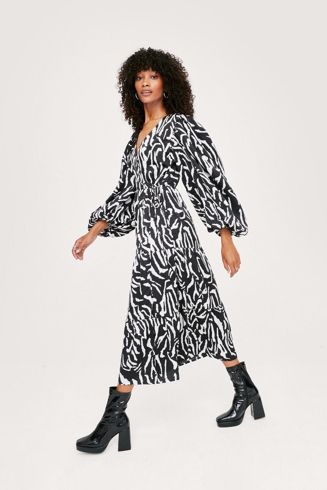 Black Zebra Print Long Sleeve Midi Wrap Dress image number 1