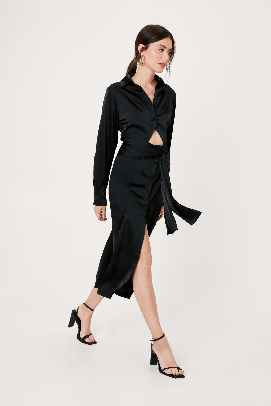 Black Cut Out Tie Front Midi Shirt Dress image number 1