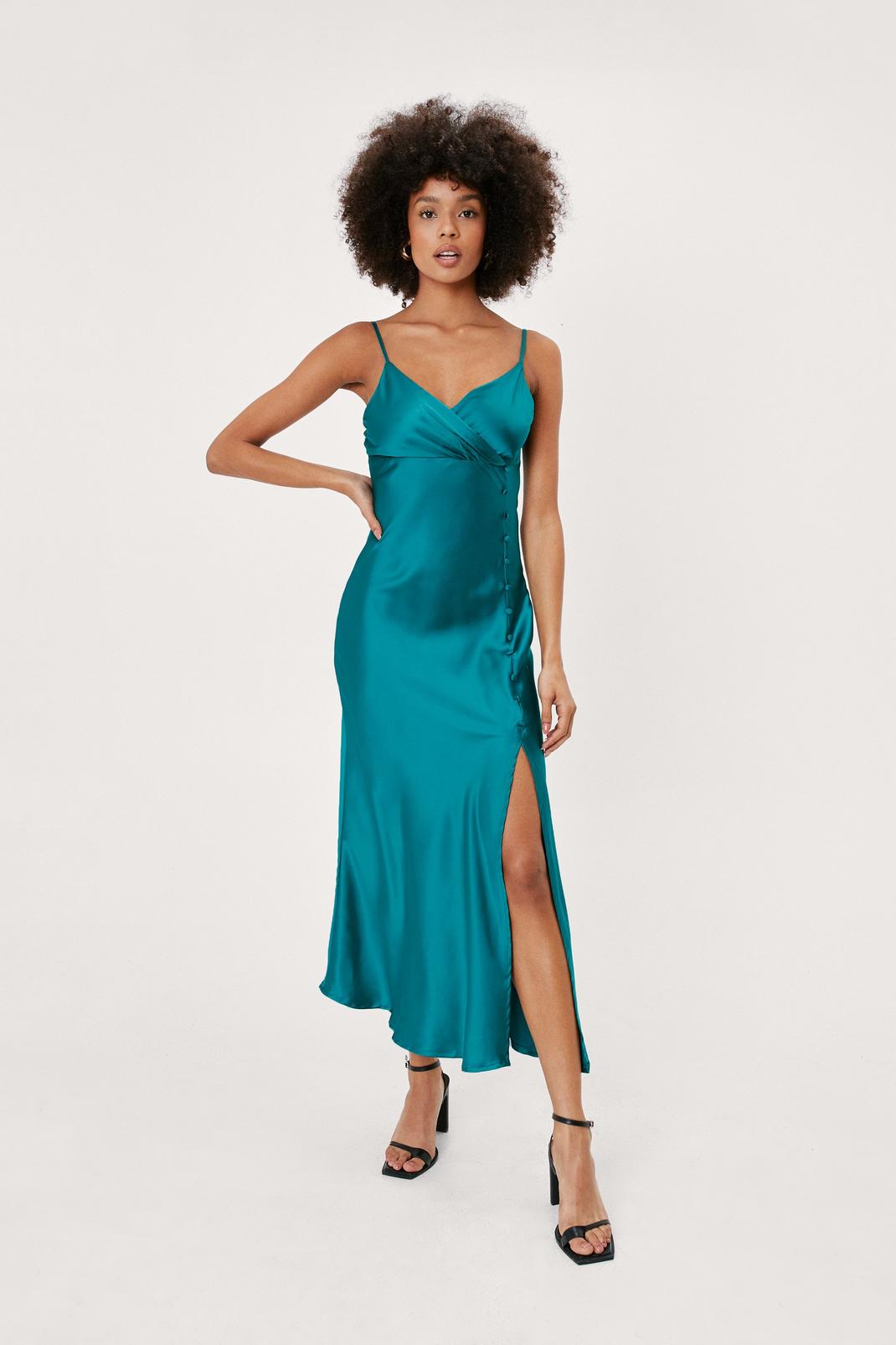 Teal Wrap Front Button Down Midi Slip Dress image number 1