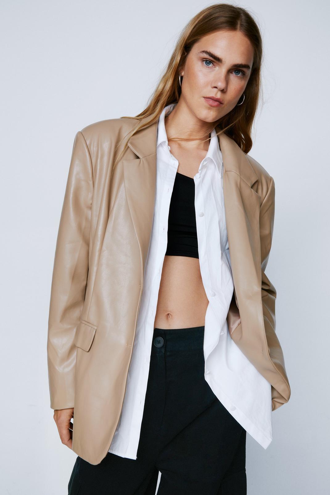 Taupe Faux Leather Oversized Suit Blazer image number 1