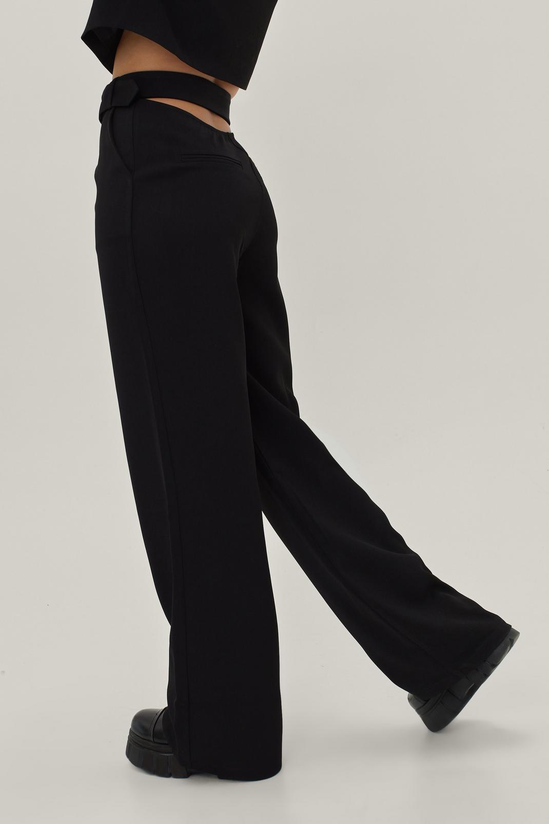 Black Belted Cut Out Pleated Wide Leg Suit Pants image number 1
