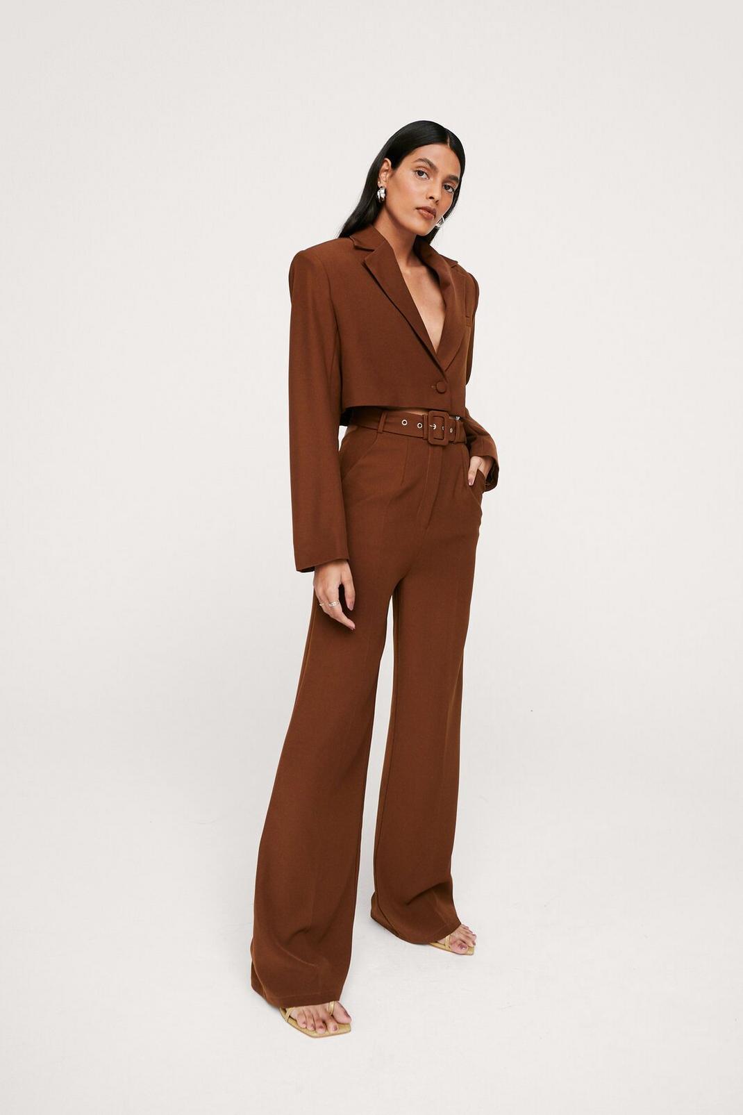 Brown Belted Cut Out Pleated Wide Leg Suit Pants image number 1