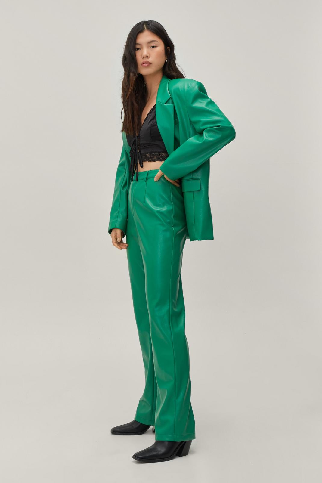 Green Faux Leather Tailored Straight Leg Pants image number 1