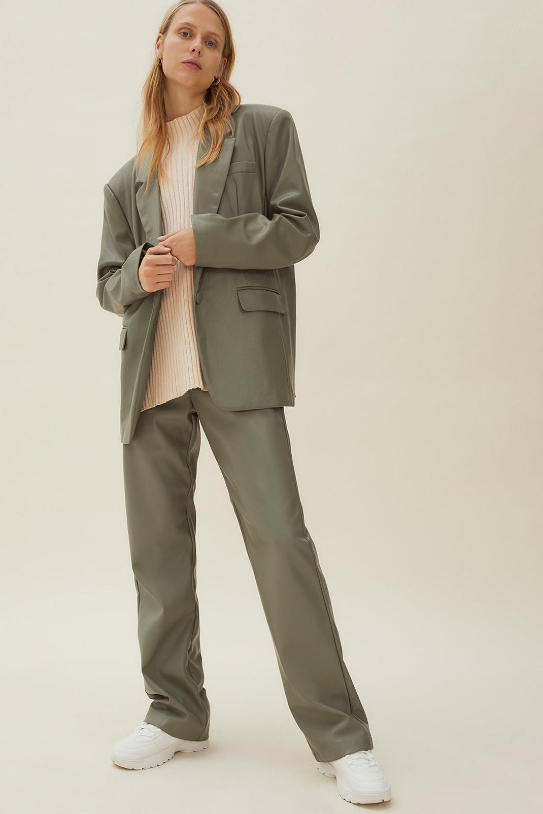 Olive Faux Leather Tailored Straight Leg Pants image number 1