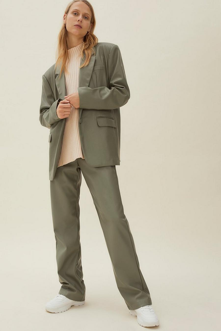 Faux Leather Tailored Straight Leg Pants