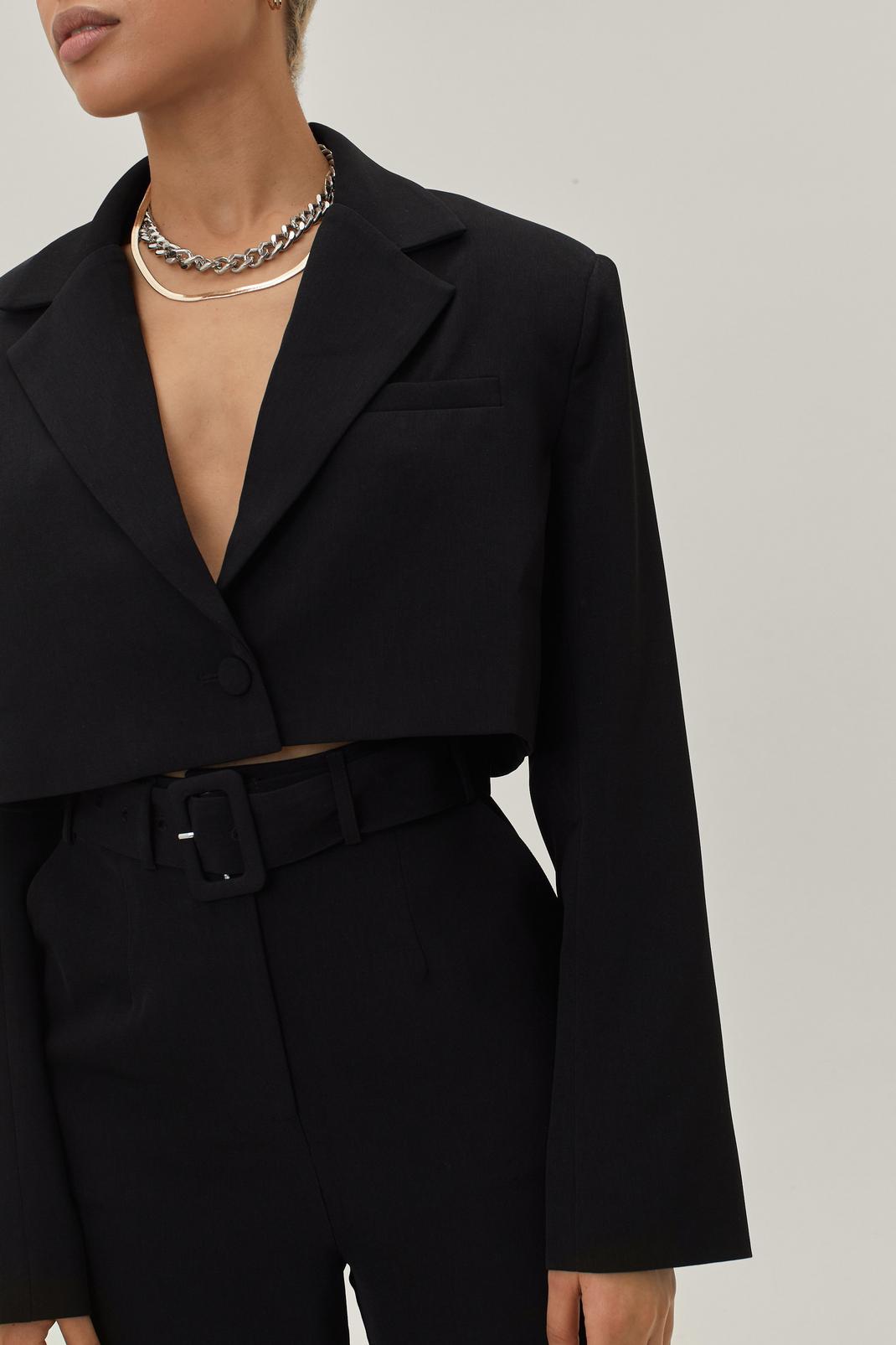 Black Cropped Padded Shoulder Suit Blazer image number 1