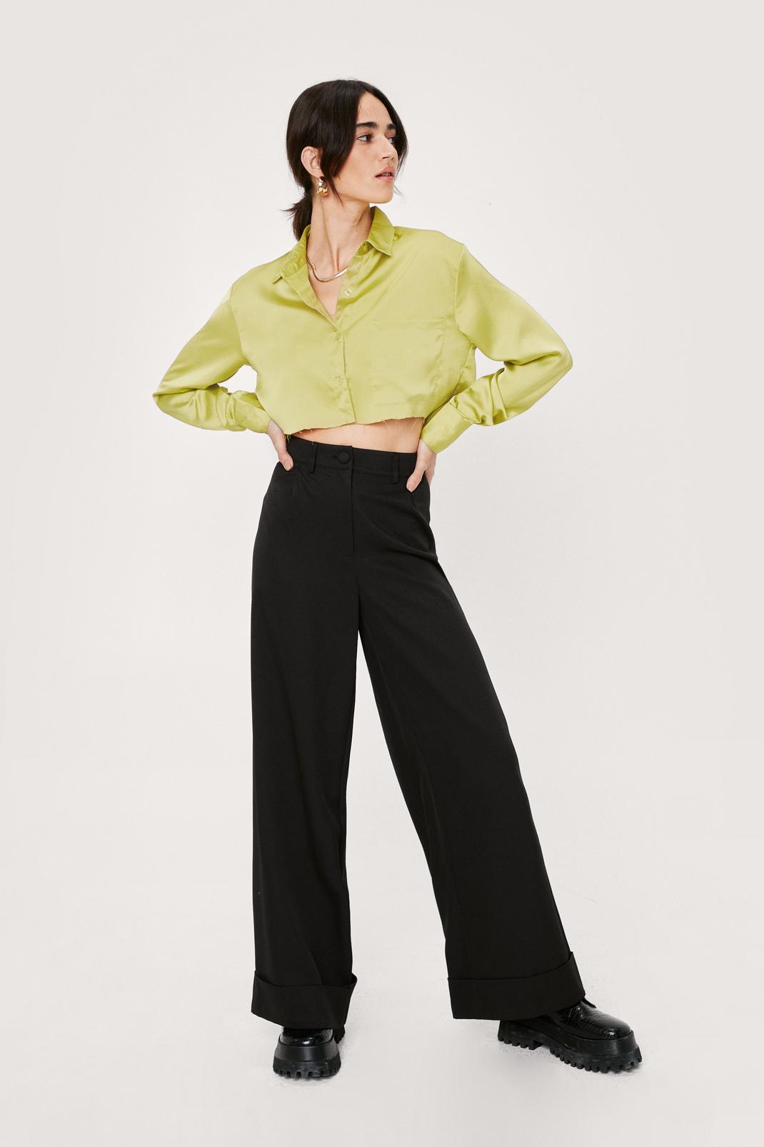 Black Petite Wide Leg Turn Up Trousers image number 1