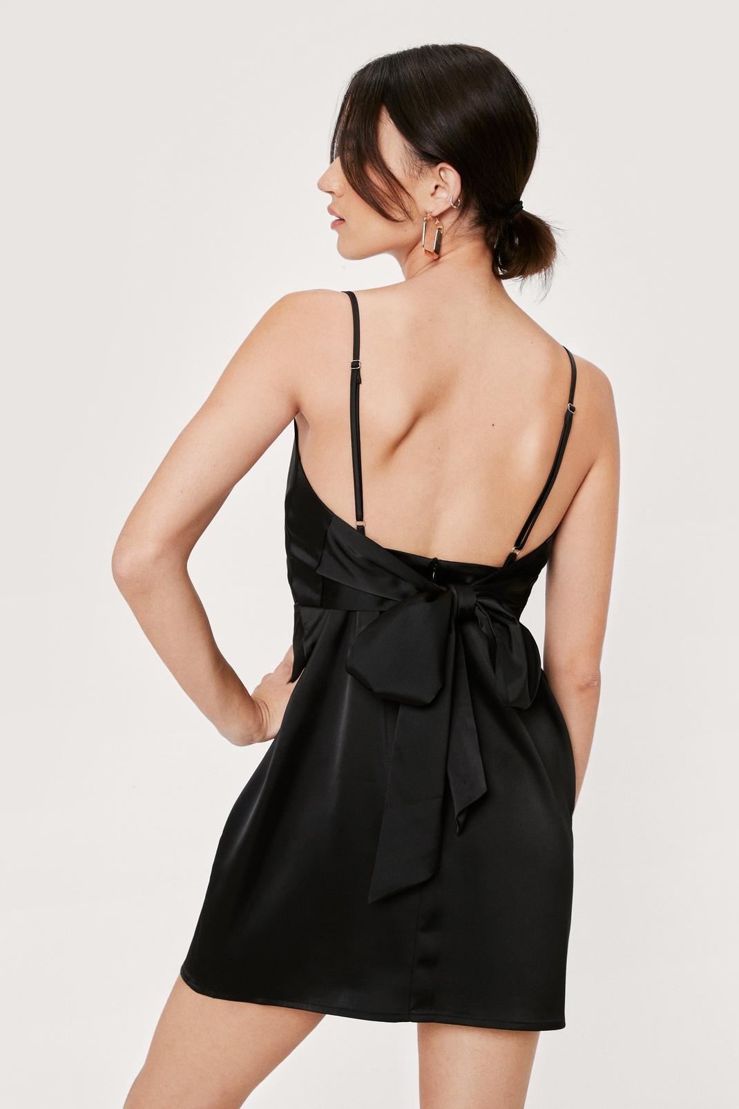Black Petite Bow Tie Back Satin Slip Mini Dress image number 1